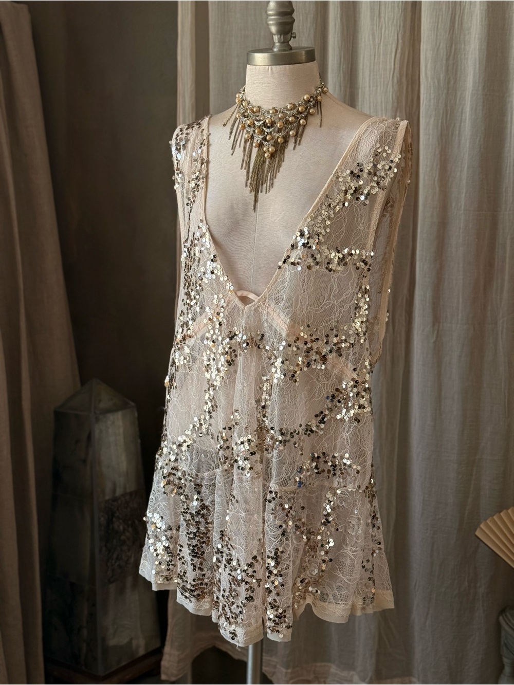 Free People Intimately sheer baby doll sequin lace sheer v neck dress top